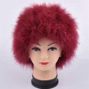 Kvinnor Winter Fur Cap äkta struts Feather Turkiet pälshatt Multicolor Turkiet Beanies Hat Full fodrad lätt vikt289o
