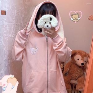 Женские толстовка капюшона kawaii уши с капюшоном розовый zip up up Толстовка Harajuku смешное вышивание медведя милые топы 2023 Корейская мода с длинным рукавом