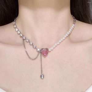 Anhänger Halsketten elegante Herz Spleißpleiß Perlen Halskette rosa Kristall Halshöhe für Frauen Party mit Schlüsselbein Schmuckgeschenk