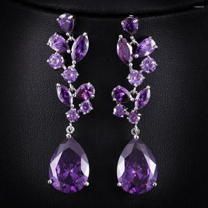 Orecchini a pennaglietta Vintage Purple Crystal Zircone Drop per donne Oversize Oversare Long Geometric Dichiarazione di gioielli da sposa