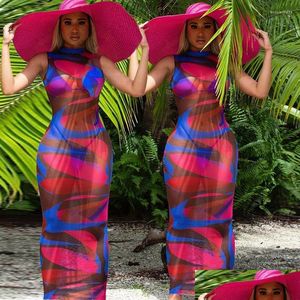 Basic Casual Dresses Women Summer Dress 2022 Mesh Bodycon Leopard Elastic Maxi Long Ladies See Through Fashion Designer Robe Vesti Dhjco