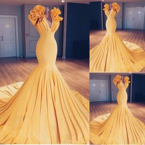 Prom Party Gown Yellow Evening Dresses Mermaid Trumpet New Custom Plus Size Formal Zipper Satin Sleeveless Sweep Train Illusion V-Neck Pleat