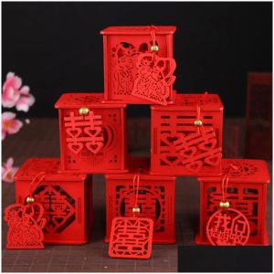 Embrulhar muitos estilos de madeira chinesa dupla felicidade casamento caixas caixas de doces de açúcar clássico com borla 6.5x6.5x6.5cm