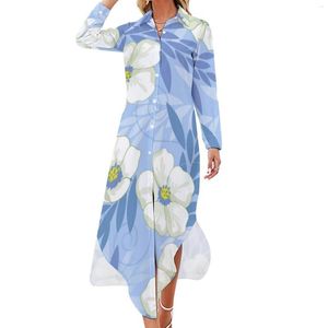 Casual Dresses White Flower Print Dress Floral Leaves Aesthetic Long Sleeve Festival Lady V Neck Pattern Oversize Chiffon