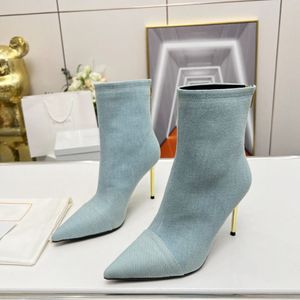 Balmais Denim Topquality Top Qualit Color Jeans Ankle Zip Bootsed Toed Toe Steleetto Heels Printed Leather Sole Women Luxury Designer Chelsea Shoes Factory Footwea