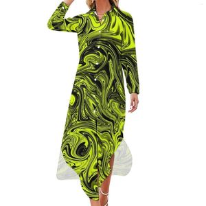 Lässige Kleider gelber flüssiger Chiffon Kleid sexy v Nacken Abstrakte Kunstdruck Elegante Frauen Street Wear Geschenkidee