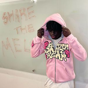 Erkek Hoodies Sweatshirts Harajuku Ceket Mektup Baskı Katlı Erkek Erkek Ceketler Pembe Zip Kapşonlu Sweatshirt Büyük Boy Longleeved Fermuar Top Sıradan 230823