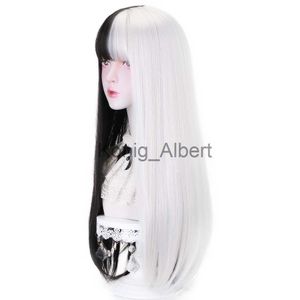 Synthetic Wigs Free Beauty Long Straight Synthetic White Half Black Middle Part 26" Lolita Cosplay Hair Wigs with Bangs for Women Custom Party x0824