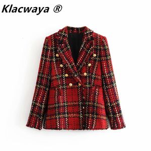 Kurtki damskie Tweed Women Red Plaid Blazers Winter Fashion Woman Vintage Kurtki żeńskie patchwork płaszcze płaszcze dziewczyny eleganckie ubrania 230823