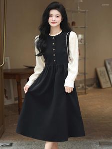 Lässige Kleider Vintage schwarzes Kleid für Frauen Französisch Elegant O-Neck Langarm Midi Vestidos 2023 Herbst Mode weiblich