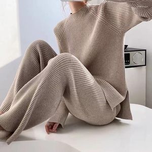 Moda -sono feminina malha de outono inverno de manga longa dividir pijama conjunto 2 pcs com calça de pijama de calça sólida para feminino