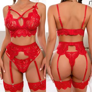 Sexy Set Exotische Sets Damen Dessous 3-teiliger BH und Höschen Strumpfbänder Durchsichtige Spitzenkostüme Babydolls SXL 230824