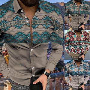 Mäns casual skjortor aztec geometriska tryck etniska för mens 3D digital tryckficka lapel långärmad skjorta strand semester stiliga män toppar