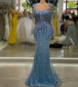 Augusti 2023 Aso Ebi Sky Blue Mermaid Prom Dress Pearls Crystals Evening Formal Party Second Reception Födelsedagsengagemang Klänningar Klänningar Robe de Soiree ZJ7119 ES