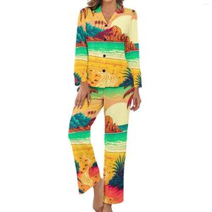 Abbigliamento da donna per sonno colorato pigiama tropicale tropicale a maniche lunghe paesaggio a due pezzi set di pigiama per pigiama da donna per il collo primave