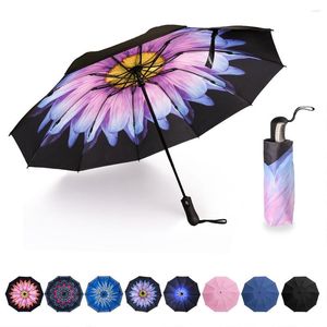 Ombrellas pieghevole inversa viaggio compatto ombrello automatico invertito all'interno del sole pioggia donne 10 costolette da donna