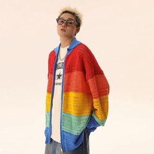 Sweaters masculinos homens Harajuku Crochetado SweaterCoat Rainbow Festival Moda Y2K Zipper Sun Protection Roupos Autumn Hollo
