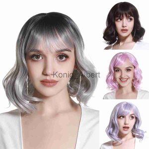 Synthetic Wigs Synthetic Short Curly Pink Bob with Bangs Wig Cosplay Black Purple Gray Grey Ombre Lolita Fake Sclap Full Women's Wigs Female x0824