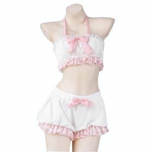 Women's Sleepwear Sweet Cute Bow Bloomers Tube Top Suit Sexy Ruffles Pajamas Lace-up Underwear Small Sling Split Swimsuit Girl Shorts