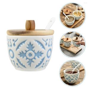 Dinnerware Sets Ceramic Condiment Jar Container Porcelain Seasoning Box With Wooden Lid Spoon Sugar Bowl Japanese Chinese Style For Kitchen