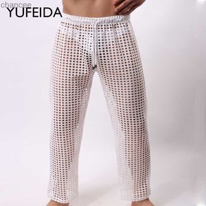 YUFEIDA Mens Pajamas Sexy Mesh See Through Long Pants Sleepwear Fishnet Hollow Out Fitness Trousers Sleep Bottoms Sexy UnderwearLF20230824.