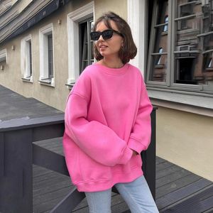 Women's Hoodies Pink Causal Loose Sweatshirts For Women Elegant Long Sleeve Round Neck Autumn Winter Thicken Velvet Warm Pullovers 2023