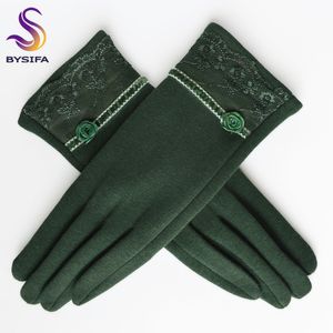 Five Fingers Gloves BYSIFA Cashmere Wool Women Winter Thick Ladies Lace Embroidered Grey And Green Elegant Soft Mittens 230824