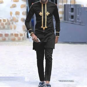 Trass de pilotos masculinos de traje de camisa bordada preta do conjunto de 2 peças do Dashiki Elegant e noivo Bola de casamento Slimsets 230823