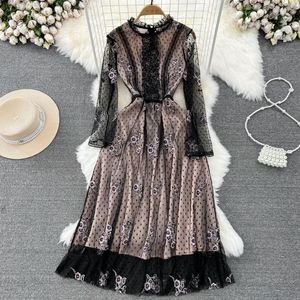 Casual Dresses Elegant Lady See Through Polka Dot Mesh Lace Dress Women Sexig O Neck Floral Brodery Slim A Line Long Party Autumn 2023