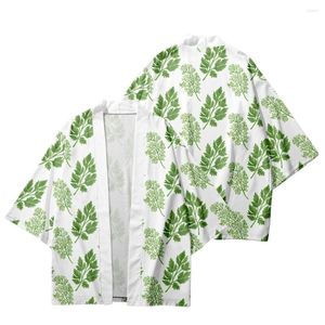 Ethnic Clothing Summer Loose Men Women Japan Cardigan Streetwear Green Leaves Printed White Kimono Beach Shorts Shirt Haori Cosplay Yukat