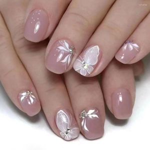 False Nails 24Pcs Short Round White Butterfly Full Cover Detachable French Nail Tips