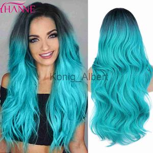 Synthetic Wigs HANNE Water Wave Wig Synthetic Long Wig Turquoise Hair Wigs For Women Long Wavy Wig Middle Part Lace Wig Heat Resistant Cosplay x0824