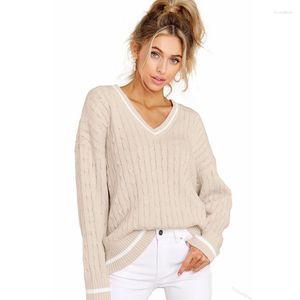 Camisolas femininas Sweater Spring e Autumn Moda Moda Sólida Pullover solto Pullover casual Manga longa Top de malha de decote em V