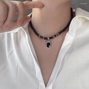 Chains Winoneday 1Pcs Men Stainless Steel Tiger Eye Black Crystal Necklace Fashion Natural Stone Strand Beaded Jewelry