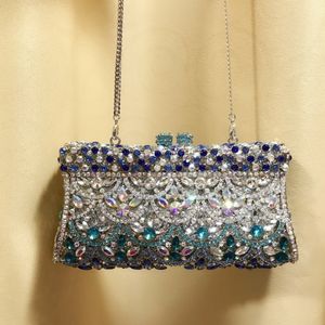 Bolsas de noite de bolsas de noite de bolsas de cristal azul de senhora azul prata bolsas de embreagem Bolsa de metal de noiva para mulheres 230823