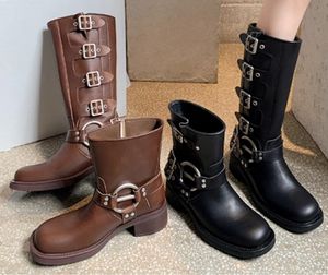 Women Boots Western Cowboy Boots Retro Black Brown Leather Brown High-Heeled Boots Mid-Leg Knight Boots for Women 1A40