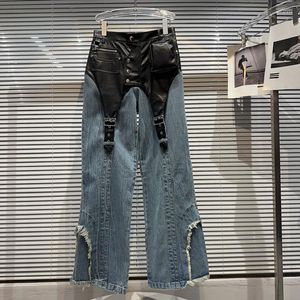 Womens Jeans PREPOMP 2023 Autumn Collection Pockets Pu Leather Patchwork Waist Blue Denim Pants Women Ripped Long GL256