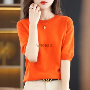 Spring and Summer New Short-sleeved Women O-neck Slim Wool Cotton Blend Pullover Vest T-shirt Knitted Base Sweater HKD230815