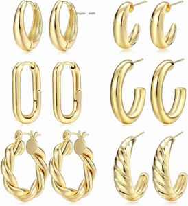 Women's gold ring earring set 6 pairs of 14K gold plated lightweight anti allergic thick open end hoop jewelry gift earings for women cz studs sterling silver 925