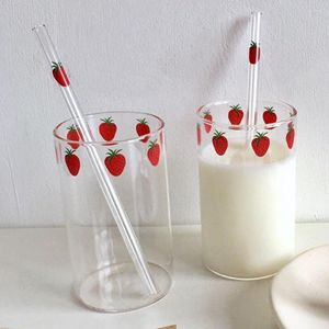 Vinglas 300 ml Strawberry Cute Glass Cup med halm Kreativ transparent vatten Student Milk Heat Motent Coffee Nana