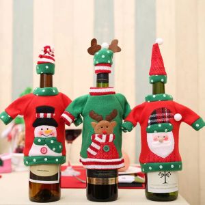 Decorações de natal capa de garrafa de vinho bordado dos desenhos animados camisola de malha boné festa de natal decoração de mesa de jantar garrafa de champanhe