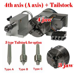 Rotary 4th A Axis 3jaw 4 Jaw 100mm Chuck MT2 Tailstock Lathe Wood Metal Plastic Engraving Machine Part för CNC Router