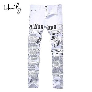 Hmily cadde moda erkek kot pantolon gece kulübü beyaz renk kişisel tasarımcı baskılı kot pantolon pantolon sıska hip hop kot pantolon x0279m