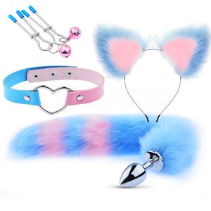Vibrators Cute Tail Anal Plug Cat Ears Headbands Set Adult Games Nipple Clip Neck Collar Erotic Cosplay Sex Toys For Women 230824