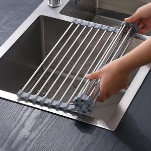 Kitchen Storage Foldable Stainless Steel Dish Drainer Roll Up Drying Rack Shelf Sink Holder Drainage Plate Bowl Fruit