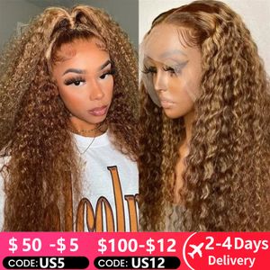 HD Transparent Highlight Wig Human Hair Honey Blonde Lace Front Wigs for Women Curly Human Hair Wig Deep Wave Lace Frontal Wig