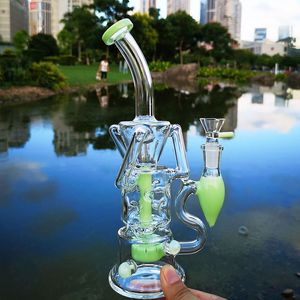 10 Inch Turbine Perc Percolator Unique Double Recycler Hookahs Glass Bong Pink Purple Green 14.5mm Female Joint Water Pipes Fab Egg Fab Dab Rigs Oil Rig With Bowl