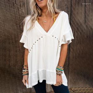 Camisetas femininas Mulheres 2023 Verão Casual Cor sólida rebite de babados soltos decoração v pescoço elegante mangas curtas de primeira linha