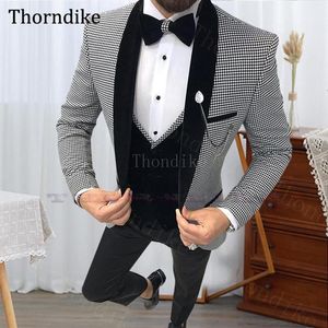 Thorndikeカスタムメイドのハンドトゥースウェディングスーツ男性のためのブラックショールラペルフォーマルスーツ