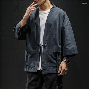 Ethnische Kleidung japanische Mode Kimono Strickjacke traditionelle Leinenhemden Männer Grunde Farbe Samurai Kostüm Männliche Streetwear Yukata Haori